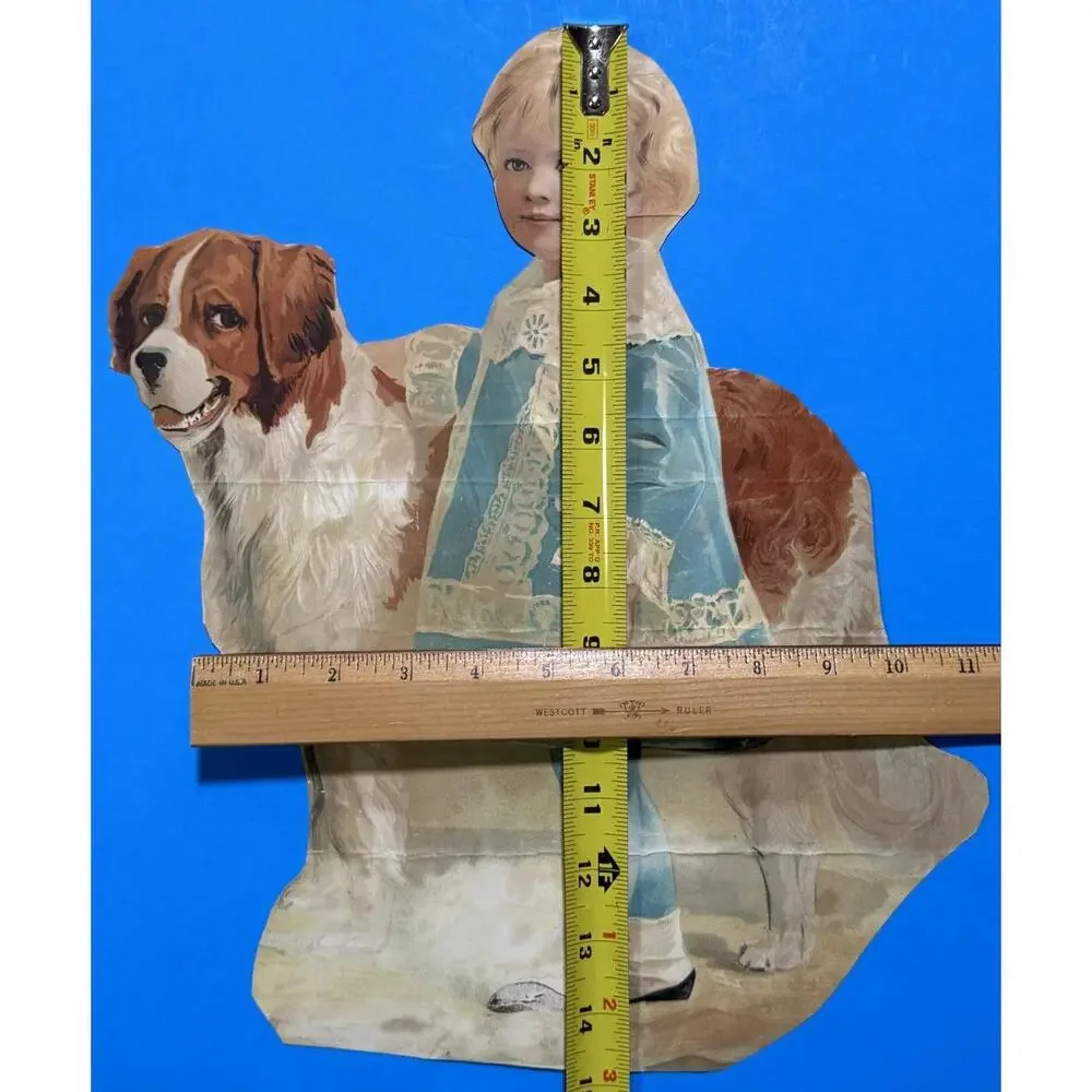 Victorian Color Paper Scrap Girl With St. Bernard Dog